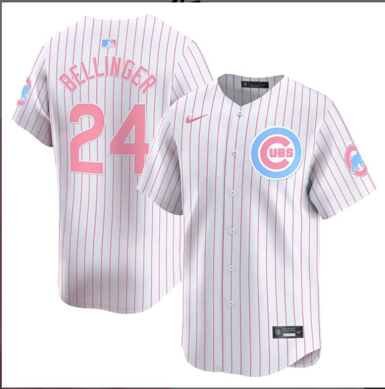 Men Chicago Cubs 24 Bellinger white with red strips 2024 Nike MLB jersey